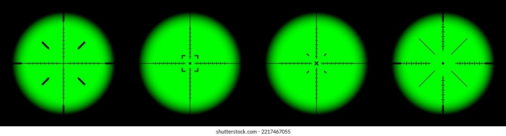 Various weapon night sights, sniper rifle optical scopes. Hunting gun viewfinder with crosshair. Aim, shooting mark symbol. Military target sign, silhouette. Game UI element. Vector illustration