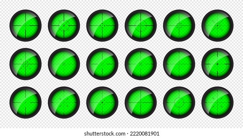 Diversos paisajes nocturnos de armas, alcance óptico de rifles de francotirador. Buscando visor de pistolas con cruz. Objetivo, símbolo de marca de disparo. Signo de objetivo militar, silueta. Elemento UI de juego. Ilustración del vector
