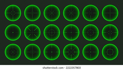 Diversos paisajes nocturnos de armas, alcance óptico de rifles de francotirador. Buscando visor de pistolas con cruz. Objetivo, símbolo de marca de disparo. Signo de objetivo militar, silueta. Elemento UI de juego. Ilustración del vector