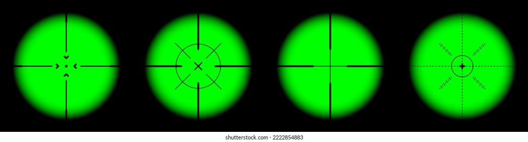 Various weapon night sights, sniper rifle optical scopes. Hunting gun viewfinder with crosshair. Aim, shooting mark symbol. Military target sign, silhouette. Game UI element. Vector illustration