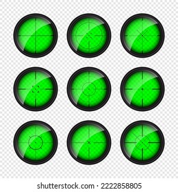 Various weapon night sights, sniper rifle optical scopes. Hunting gun viewfinder with crosshair. Aim, shooting mark symbol. Military target sign, silhouette. Game UI element. Vector illustration