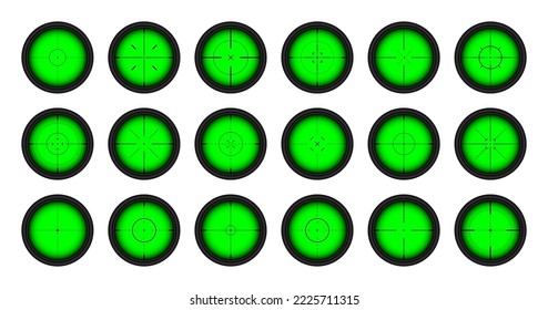 Diversos paisajes nocturnos de armas, alcance óptico de rifles de francotirador. Buscando visor de pistolas con cruz. Objetivo, símbolo de marca de disparo. Signo de objetivo militar, silueta. Elemento UI de juego. Ilustración del vector