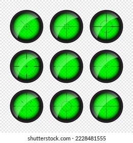Various weapon night sights, sniper rifle optical scopes. Hunting gun viewfinder with crosshair. Aim, shooting mark symbol. Military target sign, silhouette. Game UI element. Vector illustration