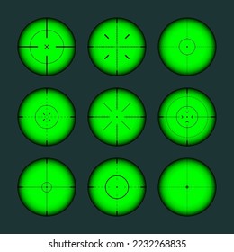 Diversos paisajes nocturnos de armas, alcance óptico de rifles de francotirador. Buscando visor de pistolas con cruz. Objetivo, símbolo de marca de disparo. Signo de objetivo militar, silueta. Elemento UI de juego. Ilustración del vector