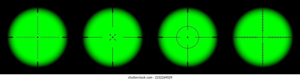Diversos paisajes nocturnos de armas, alcance óptico de rifles de francotirador. Buscando visor de pistolas con cruz. Objetivo, símbolo de marca de disparo. Signo de objetivo militar, silueta. Elemento UI de juego. Ilustración del vector
