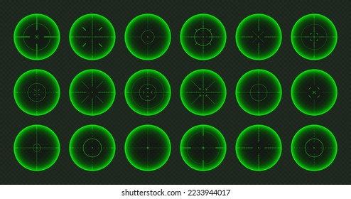 Diversos paisajes nocturnos de armas, alcance óptico de rifles de francotirador. Buscando visor de pistolas con cruz. Objetivo, símbolo de marca de disparo. Signo de objetivo militar, silueta. Elemento UI de juego. Ilustración del vector