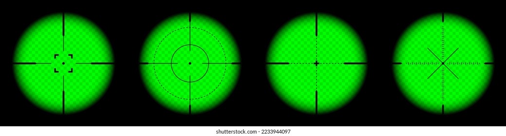 Various weapon night sights, sniper rifle optical scopes. Hunting gun viewfinder with crosshair. Aim, shooting mark symbol. Military target sign, silhouette. Game UI element. Vector illustration