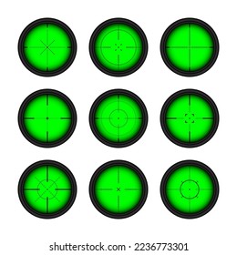 Diversos paisajes nocturnos de armas, alcance óptico de rifles de francotirador. Buscando visor de pistolas con cruz. Objetivo, símbolo de marca de disparo. Signo de objetivo militar, silueta. Elemento UI de juego. Ilustración del vector