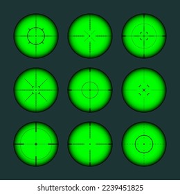 Diversos paisajes nocturnos de armas, alcance óptico de rifles de francotirador. Buscando visor de pistolas con cruz. Objetivo, símbolo de marca de disparo. Signo de objetivo militar, silueta. Elemento UI de juego. Ilustración del vector
