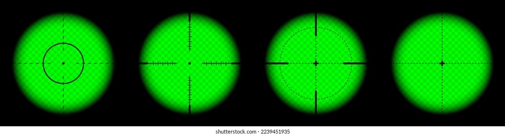 Diversos paisajes nocturnos de armas, alcance óptico de rifles de francotirador. Buscando visor de pistolas con cruz. Objetivo, símbolo de marca de disparo. Signo de objetivo militar, silueta. Elemento UI de juego. Ilustración del vector