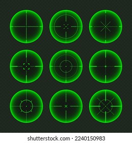 Various weapon night sights, sniper rifle optical scopes. Hunting gun viewfinder with crosshair. Aim, shooting mark symbol. Military target sign, silhouette. Game UI element. Vector illustration