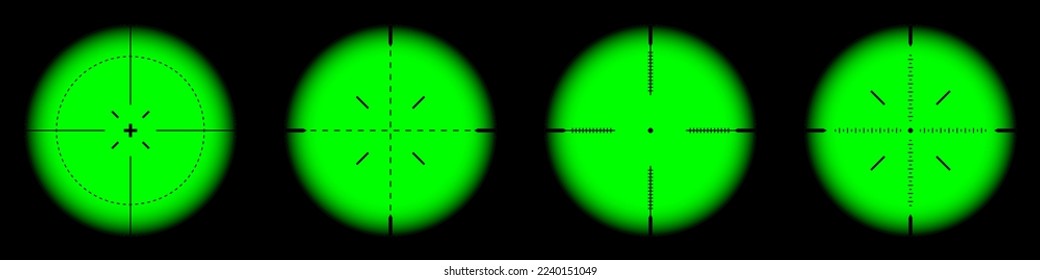Various weapon night sights, sniper rifle optical scopes. Hunting gun viewfinder with crosshair. Aim, shooting mark symbol. Military target sign, silhouette. Game UI element. Vector illustration