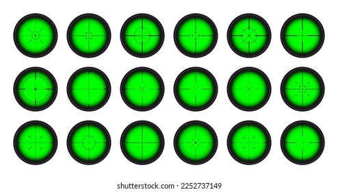 Diversos paisajes nocturnos de armas, alcance óptico de rifles de francotirador. Buscando visor de pistolas con cruz. Objetivo, símbolo de marca de disparo. Signo de objetivo militar, silueta. Elemento UI de juego. Ilustración del vector