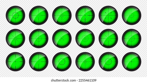 Various weapon night sights, sniper rifle optical scopes. Hunting gun viewfinder with crosshair. Aim, shooting mark symbol. Military target sign, silhouette. Game UI element. Vector illustration