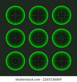 Diversos paisajes nocturnos de armas, alcance óptico de rifles de francotirador. Buscando visor de pistolas con cruz. Objetivo, símbolo de marca de disparo. Signo de objetivo militar, silueta. Elemento UI de juego. Ilustración del vector