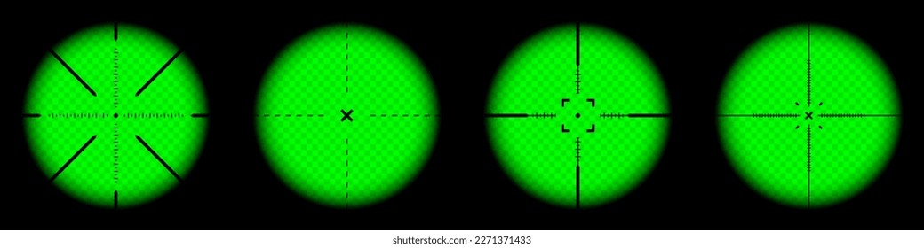 Diversos paisajes nocturnos de armas, alcance óptico de rifles de francotirador. Buscando visor de pistolas con cruz. Objetivo, símbolo de marca de disparo. Signo de objetivo militar, silueta. Elemento UI de juego. Ilustración del vector