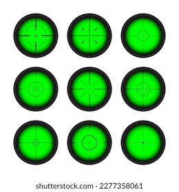 Various weapon night sights, sniper rifle optical scopes. Hunting gun viewfinder with crosshair. Aim, shooting mark symbol. Military target sign, silhouette. Game UI element. Vector illustration