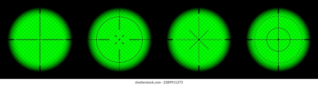 Verschiedene Waffennachtsschauplätze, optische Sniper-Gewehre-Bereiche. Jagd Pistensucher mit Crosshair. Ziel, Markensymbol schießen. Militärzielschild, Silhouette. UI-Element des Spiels. Vektorgrafik