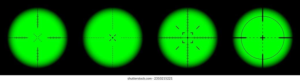Various weapon night sights, sniper rifle optical scopes. Hunting gun viewfinder with crosshair. Aim, shooting mark symbol. Military target sign, silhouette. Game UI element. Vector illustration