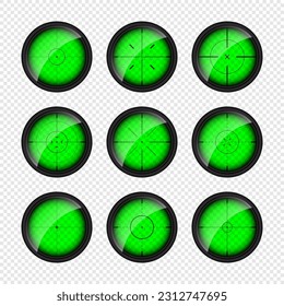 Various weapon night sights, sniper rifle optical scopes. Hunting gun viewfinder with crosshair. Aim, shooting mark symbol. Military target sign, silhouette. Game UI element. Vector illustration