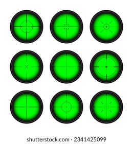 Various weapon night sights, sniper rifle optical scopes. Hunting gun viewfinder with crosshair. Aim, shooting mark symbol. Military target sign, silhouette. Game UI element. Vector illustration