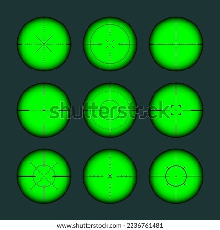 Various weapon night sights, sniper rifle optical scopes. Hunting gun viewfinder with crosshair. Aim, shooting mark symbol. Military target sign, silhouette. Game UI element. Vector illustration