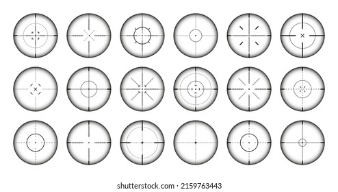 Distintas vistas de armas, alcances ópticos de rifles de francotirador. Buscando visor de pistolas con cruz. Objetivo, símbolo de marca de disparo. Signo de objetivo militar, silueta. Elemento de interfaz de usuario de interfaz de juego. Ilustración del vector
