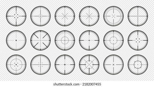 Various weapon sights, sniper rifle optical scopes. Hunting gun viewfinder with crosshair. Aim, shooting mark symbol. Military target sign, silhouette. Game interface UI element. Vector illustration