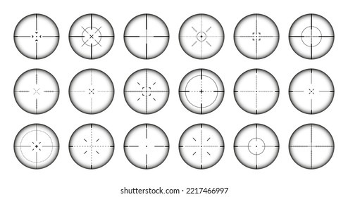 Various weapon sights, sniper rifle optical scopes. Hunting gun viewfinder with crosshair. Aim, shooting mark symbol. Military target sign, silhouette. Game interface UI element. Vector illustration