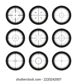 Verschiedene Waffenssichte, optische Sniper-Gewehre-Bereiche. Jagd Pistensucher mit Crosshair. Ziel, Markensymbol schießen. Militärzielschild, Silhouette. UI-Element der Spieloberfläche Vektorgrafik