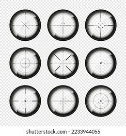 Verschiedene Waffenssichte, optische Sniper-Gewehre-Bereiche. Jagd Pistensucher mit Crosshair. Ziel, Markensymbol schießen. Militärzielschild, Silhouette. UI-Element der Spieloberfläche Vektorgrafik
