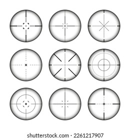 Various weapon sights, sniper rifle optical scopes. Hunting gun viewfinder with crosshair. Aim, shooting mark symbol. Military target sign, silhouette. Game interface UI element. Vector illustration