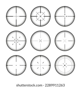 Various weapon sights, sniper rifle optical scopes. Hunting gun viewfinder with crosshair. Aim, shooting mark symbol. Military target sign, silhouette. Game interface UI element. Vector illustration