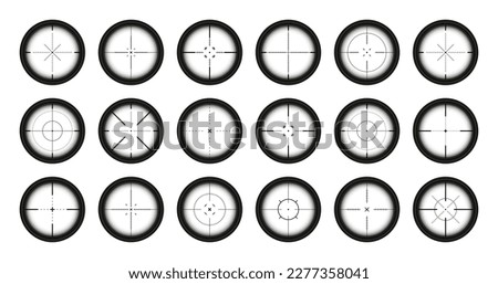 Various weapon sights, sniper rifle optical scopes. Hunting gun viewfinder with crosshair. Aim, shooting mark symbol. Military target sign, silhouette. Game interface UI element. Vector illustration