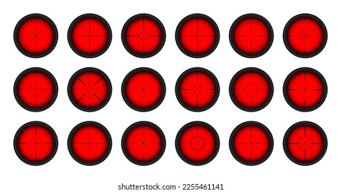 Diversas vistas de infrarrojos térmicos de armas, alcances ópticos de rifle de francotirador. Buscando visor de pistolas con cruz. Objetivo, símbolo de marca de disparo. Signo de objetivo militar. Elemento UI de juego. Ilustración del vector