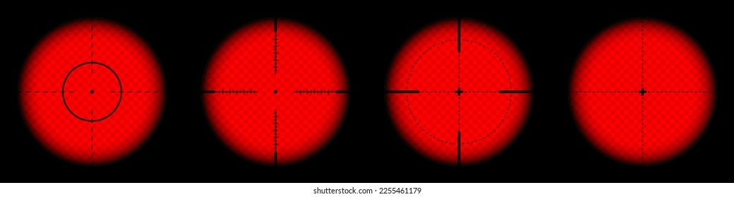 Diversas vistas de infrarrojos térmicos de armas, alcances ópticos de rifle de francotirador. Buscando visor de pistolas con cruz. Objetivo, símbolo de marca de disparo. Signo de objetivo militar. Elemento UI de juego. Ilustración del vector