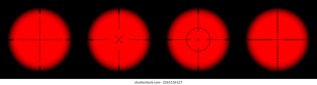 Diversas vistas de infrarrojos térmicos de armas, alcances ópticos de rifle de francotirador. Buscando visor de pistolas con cruz. Objetivo, símbolo de marca de disparo. Signo de objetivo militar. Elemento UI de juego. Ilustración del vector