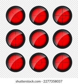 Diversas vistas de infrarrojos térmicos de armas, alcances ópticos de rifle de francotirador. Buscando visor de pistolas con cruz. Objetivo, símbolo de marca de disparo. Signo de objetivo militar. Elemento UI de juego. Ilustración del vector