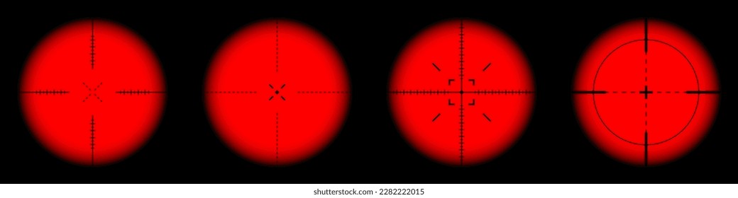 Diversas vistas de infrarrojos térmicos de armas, alcances ópticos de rifle de francotirador. Buscando visor de pistolas con cruz. Objetivo, símbolo de marca de disparo. Signo de objetivo militar. Elemento UI de juego. Ilustración del vector
