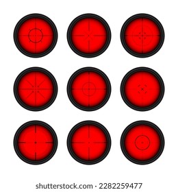 Various weapon thermal infrared sights, sniper rifle optical scopes. Hunting gun viewfinder with crosshair. Aim, shooting mark symbol. Military target sign. Game UI element. Vector illustration