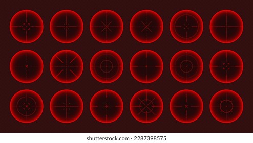 Diversas vistas de infrarrojos térmicos de armas, alcances ópticos de rifle de francotirador. Buscando visor de pistolas con cruz. Objetivo, símbolo de marca de disparo. Signo de objetivo militar. Elemento UI de juego. Ilustración del vector
