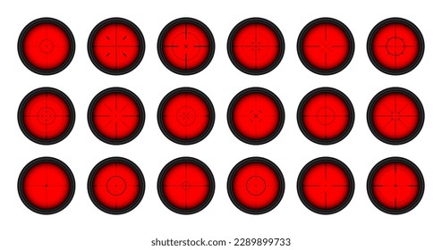 Various weapon thermal infrared sights, sniper rifle optical scopes. Hunting gun viewfinder with crosshair. Aim, shooting mark symbol. Military target sign. Game UI element. Vector illustration
