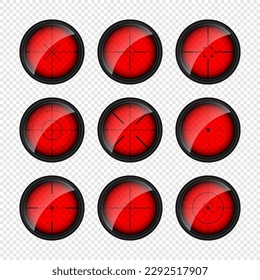Various weapon thermal infrared sights, sniper rifle optical scopes. Hunting gun viewfinder with crosshair. Aim, shooting mark symbol. Military target sign. Game UI element. Vector illustration