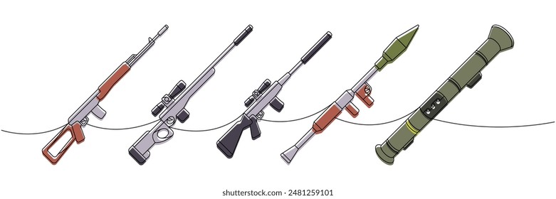 Verschiedene Waffen eine Linie farbig durchgehende Zeichnung. Scharfschützengewehre, Panzerabwehrgranatenwerfer durchgehende Ein-Linien-Illustration. Vektorillustration.