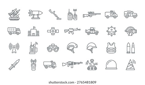 Various weapons, trucks, networks, missiles, and other military equipment used in war