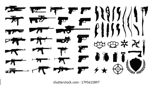 Verschiedene Waffen, Vektorgrafik einzeln auf weißem Hintergrund.