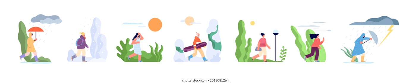 Various weather character. Season girl, human outdoor with umbrella. Raining autumn, summer winter walk. Windy cloudy day utter flat vector concept