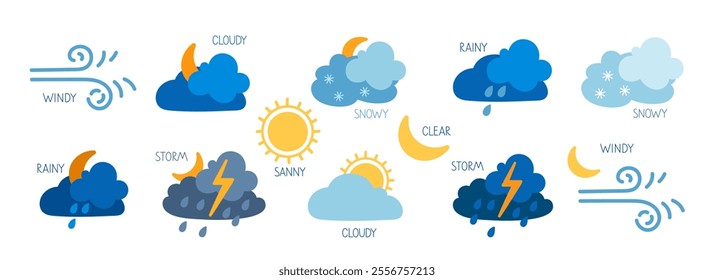 Various weather icons illustrating different atmospheric conditions and symbols