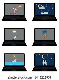 Various weathers symbols and leisure activities on laptop