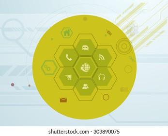 Various web icons or symbols on hi-tech background for Technology concept.